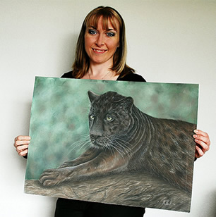 Karen delighted when her jaguar painting arrived in the mail! Karen Berisford, UK Artist delighted with her Jaguar pastel painting by NZ Karen Neal - an art exchange!